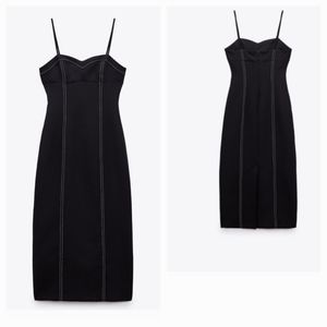 ZARA SWEETHEART CORSET MIDI DRESS WITH CONTRASTING TOPSTITCHING BLACK